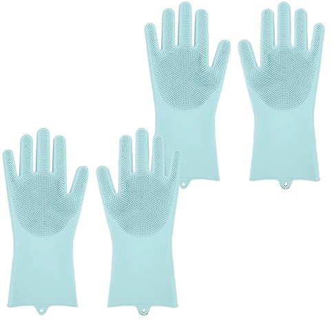 ALAZCO 2 Pairs of BPA FREE Silicone Dishwashing Gloves for Kitchen Silicone Scrubbing Gloves Soft Bristles Cleaning Pet Care Washing Reusable Non-Slip & Heat Resistant