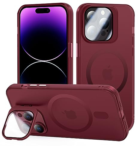 tigratigro Cover con Cavalletto,Compatibile con iPhone 15 Pro,Protezione Fotocamera H9 vetro temperato,Custodia Posteriore Glassata Traslucida, Anti-Impronte,Sensazione di Velluto (Rosso Scuro)