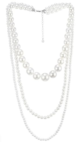 COOLSTEELANDBEYOND Damen Statement Halskette, Geschichtet Drei Stränge Weiß Perle und Perlen Kette, Partei Abendkleid Hochzeit Bankette