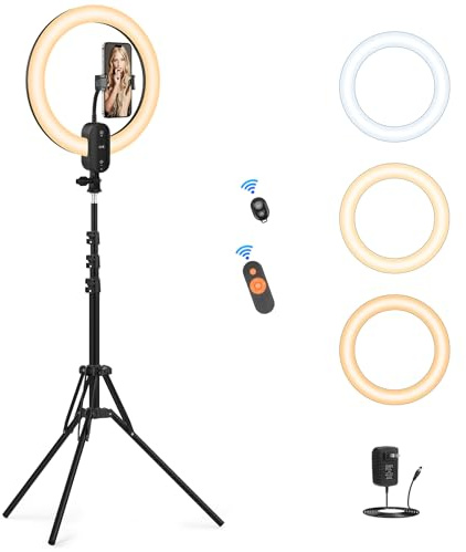 12 Selfie Ring Light with 63 Tripod Stand/Phone Holder, QEUOOIY 20W LED Circle Lights Dimmable 3000-6500K with Remote Control and Built-in Rechargeable Battery for Vlog, Makeup, YouTube, Camera