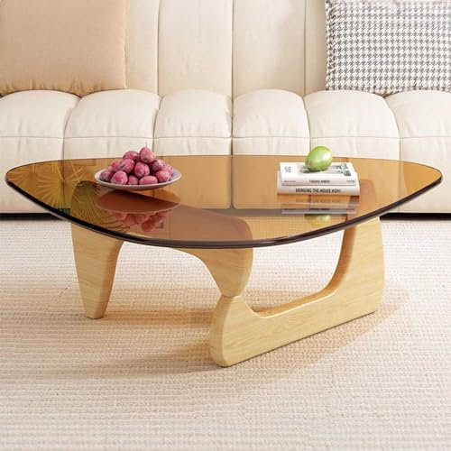 Taifuan Vintage Glassendtisch,Dreieckiger Couchtisch aus Glas, Glas Couchtisch mit massivem Holzbasis und Dreieck klarer Glas Top Moderner Endtisch für Wohnzimmer,Terrasse,Studium