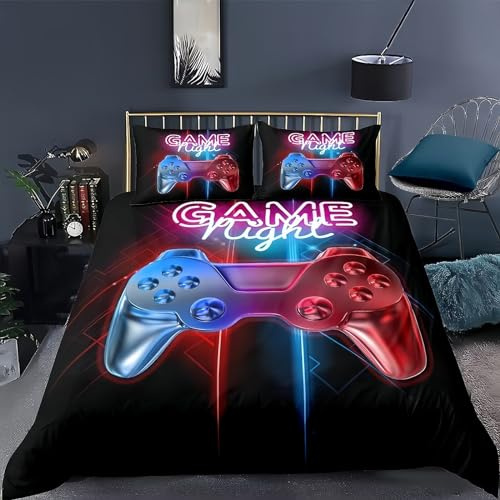 Tabeskly Garçon Rouge Noir Ensemble de Literie de Jeu Duvet Housse Double, Ensemble de Couette et Taies d'Oreiller pour Enfants Gamer Gamepad Doux à Fermeture Éclair Lit Complet 3 Pièces 200×200cm