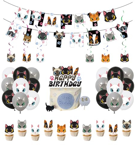 Kit Festa Di Compleanno per Gatto - Decorazione Con Palloncini, Topper Torte, Festone, Ornamenti Spirali - Buon Compleanno Pet