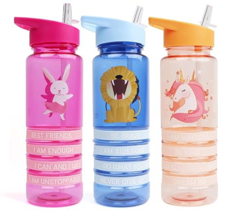 Myga Kids Water Bottle with Wristbands – 650ml Childrens Leakproof Water Bottle with Straw & Carry Handle - Lightweight BPA-Free Reusable Drinks Bottle for Kids with Affirmation Bracelets – Unicorn