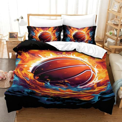 Impreso En 3D Baloncesto Juego De Cama De Microfibra Suave Funda Nórdica Funda De Almohada 3 Piezas Cremallera Oculta Single（140x200cm）