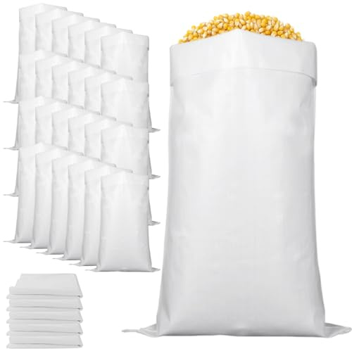 Oungy 30 Stück Gewebesack, Plastik Gewebesäcke 50 kg, 65X110 cm Sandsäcke zum Befüllen, Bauschuttsäcke, Tolle Stabile Kartoffelsack, Ideal für Futtermittel, Getreide, Kohle, Öko-pulver Lagerung (Weiß)