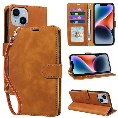 GOTOURED for iPhone 14 Phone Case Wallet, RFID Blocking Card Holder, Brown | 4 Card Slots, Wrist Strap, Soft PU Leather Flip Cover, Kickstand, Cash Pocket, Magnetic Closure, TPU Shell Protective