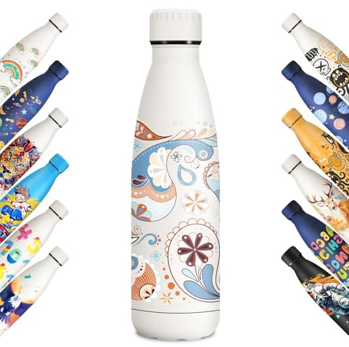 KollyKolla Isolierflasche 500ml, Thermosflasche Kohlensäure Geeignet, Trinkflasche Personalisiert, BPA-Frei Auslaufsicher Wasserflasche, für Sport, Reisen, Jungs, Mädchen, Paisley Blumenmuster