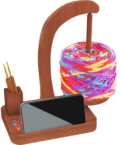 Yarn Holder for Crochet, Walnut Wood Yarn Holder Magnetic Yarn Spinner with Crochet Accessories Storage,Phone Stand and Anti-Slip Pads,Yarn Ball Holder Crochet Gift for Knitting Lovers