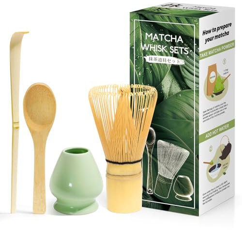 Kurkip Kit da Cerimonia giapponese Matcha 4 Pezzi, Frusta Matcha Verde in Resinoso, Cucchiaio in Bambù, Paletta in Bambù, Porta Frullino, Matcha Set per la bevanda