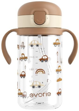 Evorie Tritan Trinkflasche mit Strohhalm auslaufsicher 1–3 Jahre, 300 ml | BPA- & BPS-frei, Baby Trinkflasche mit Strohhalm, Kinder Trinkflasche mit Griff, auslaufsicher, spülmaschinengeeignet