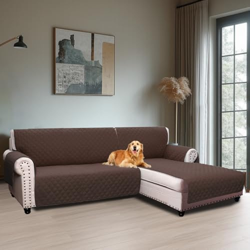 BellaHills Sofaüberzug Wasserabweisend rutschfeste Sofaüberwurf Abnehmbar mit Armlehnen Taschen und Gummiband Chaiselongue Rechte (247CM) Braun