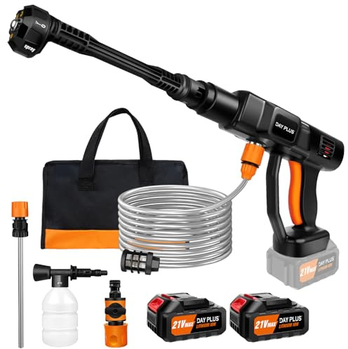 Limpiador de alta presión inalámbrico de 21 V con 2 baterías (3000 mAh), 6 boquillas en 1, 45 bar/652 PSI pistola de chorro de agua eléctrica con manguera de 5 m, para coche, jardín, patio y viaje