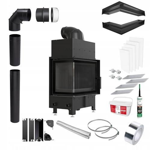 KRATKI Kamineinsatz aus Stahl Floki 8kW Eck Links Ø160 BImSchV 2 EEK A | Kamineinsatz aus Stahl, schwarz, 79,7% Wirkungsgrad, raumluftunabhängig, Ecodesign, Glasfront, Aschekasten