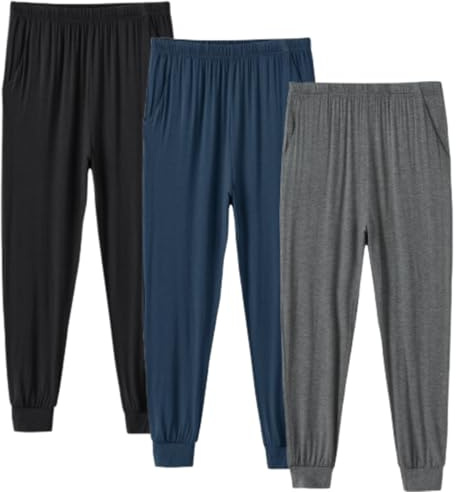 MoFiz Pantalones con Puños Hombre Pijama Pantalón Largo de Dormir Estar en Casa Suave Modal Jogging Pant con Bolsillos 3 Piezas-A L