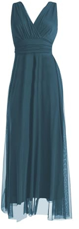 VALORIALUXE Abito Lungo da Cerimonia Donna in Tulle Elasticizzato con Scollo a V – Made in Italy (IT, Testo, XL, Regular, Regular, Petrolio Blu)