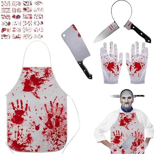 PTBWS Metzger Kostüm Halloween 5 Stück, Blutig Metzger Schürze, Halloween Schlachter, Hackbeil-Schlächter Kostüm, Blutige Schürze für Herren, Vermissen, Erwachsene und Teenager