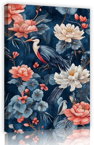 Retro Style Print on Canvas Wall Art Colorful Flowers and Leaves Egret Bird Pattern Poster Picture Painting Artwork for Dorm Decor 60x90cm Innerframe
