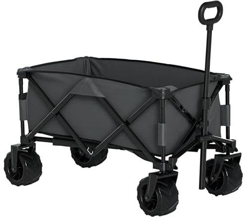 Outsunny Chariot de Plage Pliable Poignée Réglable 70 kg Gris Foncé | Chariot de Transport à Roulettes Tout Terrain, Charrette pour Extérieur Camping Pique-Nique