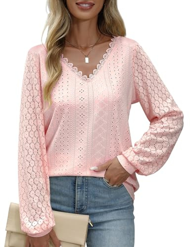 PASUDA Chemisier Femme Chic et Élégant Blouse Col en V Chemise Manches Longues en Dentelle Haut Tops Décontracté de Couleur Ample Tunique Respirant T Shirts(Rose,M)