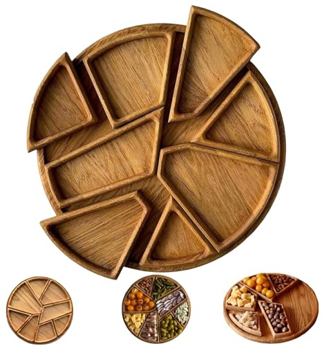 Puzzle-Serviertablett aus Holz, großes Eichen-Puzzle-Snackbrett (~ 30 x 30 x 3 cm) mit 8 abnehmbaren Fächern, rustikales Charcuterie-Tablett für Käse, Nüsse und Dips