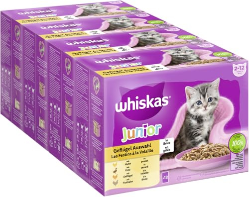 WHISKAS Junior Nassfutter Portionsbeutel Multipack, Geflügelauswahl in Gelee, 4 x 12 x 85g