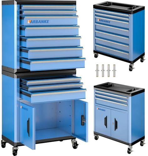 10 Drawer Tool Chest with Locks and Multifunctional Worktop, 2 Different Types of Tool Box with Swivel Wheels, Tool Cabinet with Rods