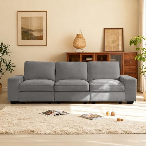 DUANDUAN 255cm Modulares Sofa Mit Großem Stauraum, Modernes, Bequemes Chenille-3-Sitzer-Sofa Für Wohnzimmer, Büro, Wohnung, Breite Armlehnen, Seitentaschen, USB-Anschluss, Abnehmbarer Bezu(Light Gray)
