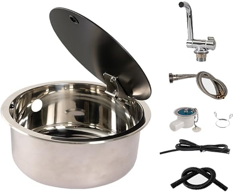 Évier rond pour camping-car avec robinet chaud et froid en acier inoxydable pour caravane et camping-car, couvercle en verre trempé, évier de lavage à la main pour camping-cars et cuisines extérieures