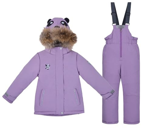 Tuta da neve per ragazze, 2 pezzi, con cappuccio, con panda e snowboard, antivento, impermeabile, piumino in pelliccia sintetica con cappuccio e pantaloni da neve, Viola, 6-7 Anni