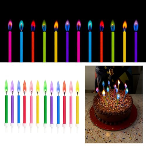 Ovanda 12 Stück Geburtstagskerzen Bunter Flamme, Geburtstagskerzen Kuchen | Kinder Bunte, Magic Birthday Candles für Kuchen & Cupcakes, Erwachsene Geburtstag Deko, Bunte Tortenkerzen mit Halter
