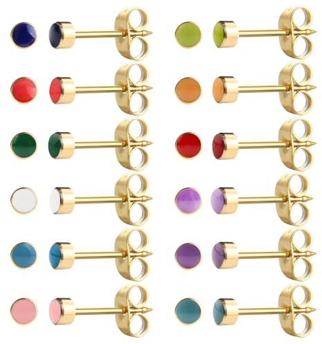 12 Pairs Ear Piercing Stud Earrings Set Surgical Stainless Steel Multicolor Birthstone Cubic Zirconia Stud Earrings for Ear Piercing Guns