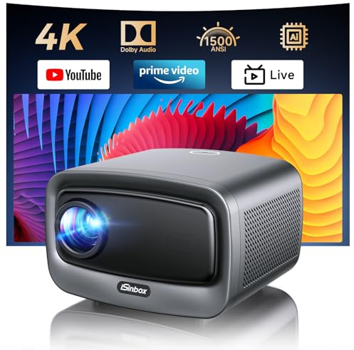 4K Beamer kompatibel mit Netflix & Dolby Audio | iSinbox Smart Beamer 1500 ANSI, HDR10+, Autofokus, Staubgeschützt, 6D Keystone, WiFi 6 & Bluetooth | Heimkino & Outdoor