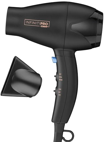 INFINITI PRO CONAIR Travel Hair Dryer, 1600W Mighty Mini Compact Blow Dryer with Concentrator Attachment, Lightweight Professional AC Motor for Fast Drying, 3 Heat & 2 Speed Settings, Black