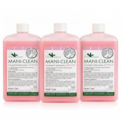 Flüssigseife 3x1L – pH-neutral & rückfettend – milde Handseife für Spender – hautfreundlich für häufiges Händewaschen – ideal für Haushalt & Büro – KK Mani-Clean Phenia