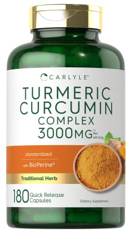 Carlyle Turmeric Curcumin Supplement | 180 Capsules | with Black Pepper, Curcuminoids and Bioperine | Non-GMO, Gluten Free