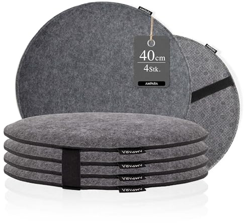 4er Set - Edle Stuhlkissen rund 40cm - rutschfest - Sitzkissen Filz, grau | mit Klettverschluss, Stuhlauflage - auch für Bank