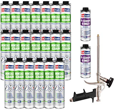 KM Trade Bauschaum-Set - Inkl. 20x 1K Montageschaum (je 750 ml), 1x Schaum-Pistole & 2x PU-Schaum-Reiniger (500 ml)