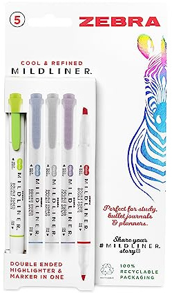 Zebra Pen Mildliner Double Ended Highlighter, Broad and Fine Point Tips, Assorted Cool and Refined Ink Colors, 5-Pack, multicolor, 2690