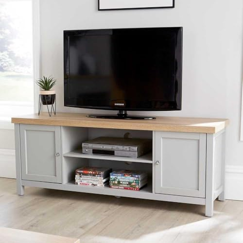 Home Source Avon TV Stand 130cm – Grey, Sonoma Oak Top, 2 Cupboards & Shelves | 130W x 39D x 50H cm | TV Unit Fits up to 55 Inch
