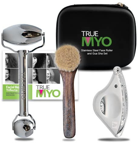 Gua Sha Gesichtswerkzeuge Beauty Trifecta mit Edelstahl Gesichtsroller Massagegerät, Trockenbürste, Upgrade von Ihrem Jade Roller Stone Guasha Tool, Beauty Tools Zubehör (Beauty Trifecta)