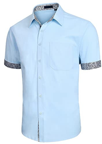 Enlision Men's Dress Shirt Short Sleeve Shirts Blue Button Up Casual Shirts M