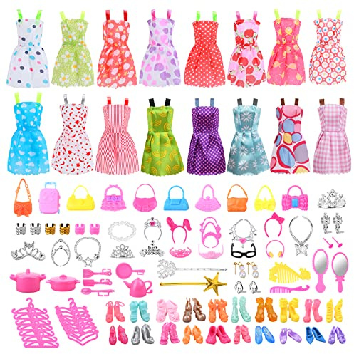 Vicloon 93 Piezas de Ropa y Accesorios para Muñecas, 16 Vestidos, 10 Bolsos, 20 Zapatos, 30 Accesorios de Joyería, 7 Vajillas, 10 Perchas para Muñeca de Niña de 11.5 Pulgadas