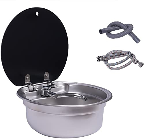 Single Bowl Rv Hand Wash Round Basin Sink with Folded Faucet Tempered Glass Lid, Fit for Compatible with Rv Caravan Camper Kitchen Stainless Steel Sink