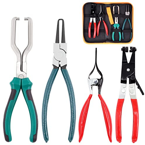 Glarks 4Pcs Fuel Line Plier Kit Includes 9 Inch Fuel Filter Calipers and hose Pipe Clamp Clip with Hose Remover and Flat Band Clamp Plier for Auto Maintenance