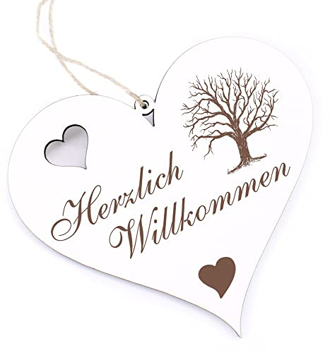 Herzlich Willkommen Schild - Baum im Winter - Deko Herz Holz Willkommensschild Türschild Dekoschild Türdeko