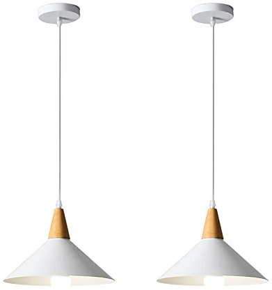 LIGKIN 2 Pezzi Lampadario a Sospensione Moderno E27 Lampadari Industriale Ø25cm Paralume Metallo Lampade a sospensione Legno per Cucina Sala da Pranzo Sala Caffè, Bianco