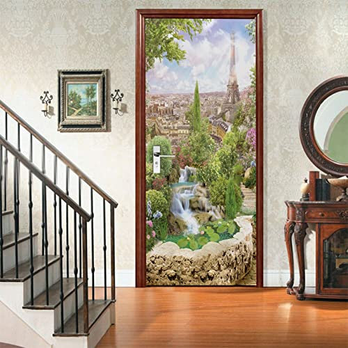 A.Monamour Türtapete Selbstklebend Türfolie Türposter 3D Blick Auf Den Pariser Eiffelturm Und Einen Garten Mit Einem Wandbild Mit Wasserfall Vinyl Folie Wandbild Türaufkleber Türtattoo 85 x 200 cm