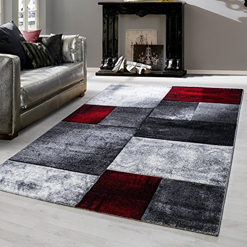 Teppium Moderner Kurzflor Teppich Wohnzimmer 140 x 200 cm Rot - Konturenschnitt Teppich Waschbar, Kariert Design, Pflegeleicht und Weich - Ideal für Schlafzimmer, Esszimer und als Küchenteppich