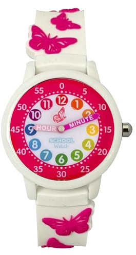 Preschool Collection Time Teacher Color Watch - Butterfly - Analog First Watch - Easy-to-Read Dial - Hypoallergenic 3D Band for Kids, Children and Girls